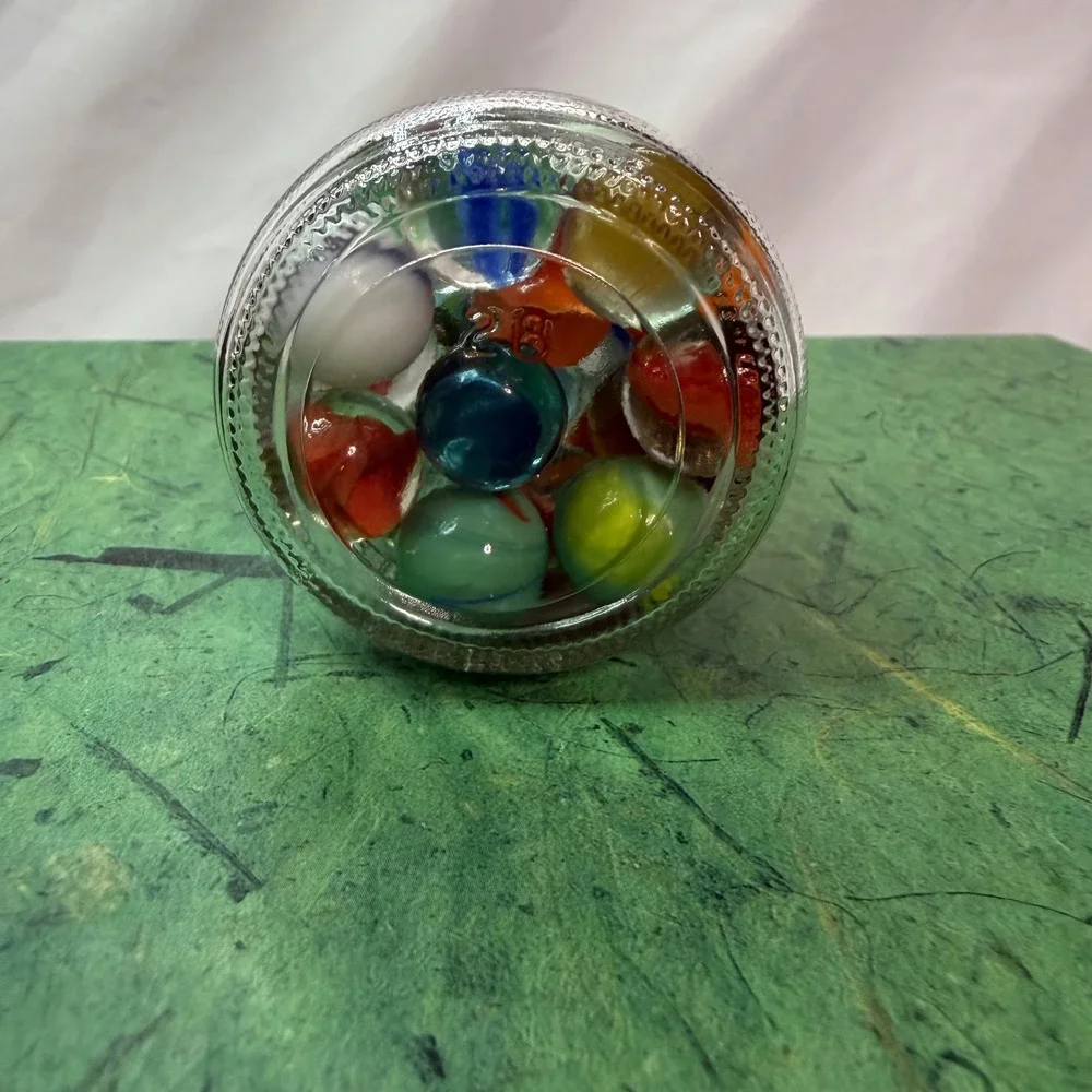 Vintage Assorted Glass Marbles in 1980 Gerber Baby Food Jar Retro Collection Lot